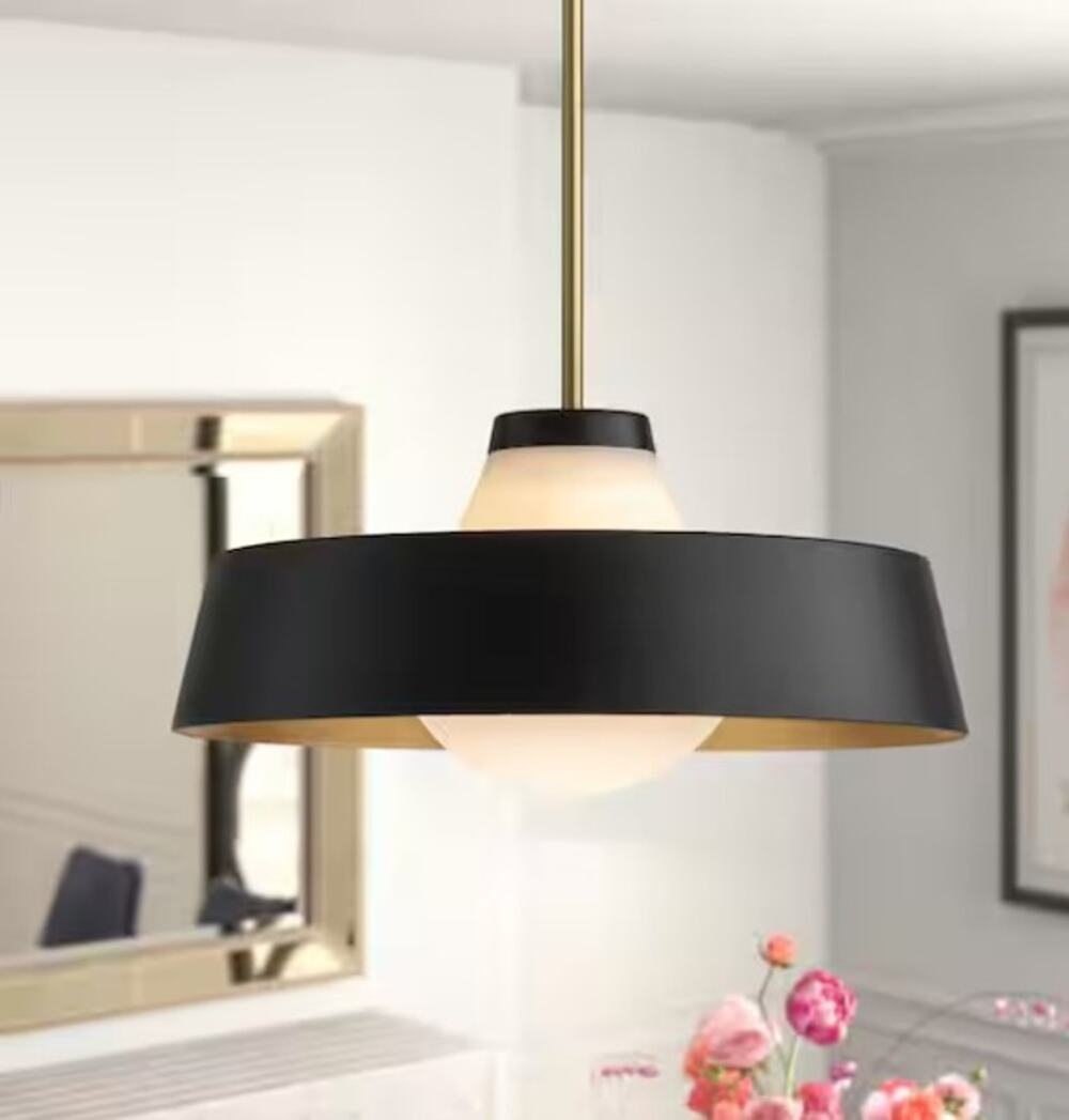 Alnora 1-Light Modern Black Dome Pendant Light with Milky White Frosted Glass